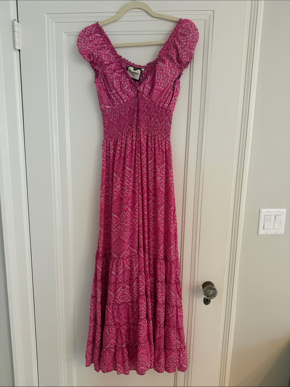 Gold & Silver Paris Smocked Pink Maxi Dress with Cap Sleeves